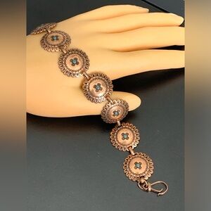 Solid Copper Southwestern Embossed Concho Link Bracelet with Tiny Faux Turquois